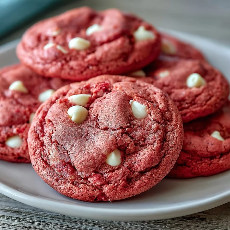 Uplifting Pink Velvet Cookies plated with a glass of milk, showcasing a soft texture and rich vanilla aroma.