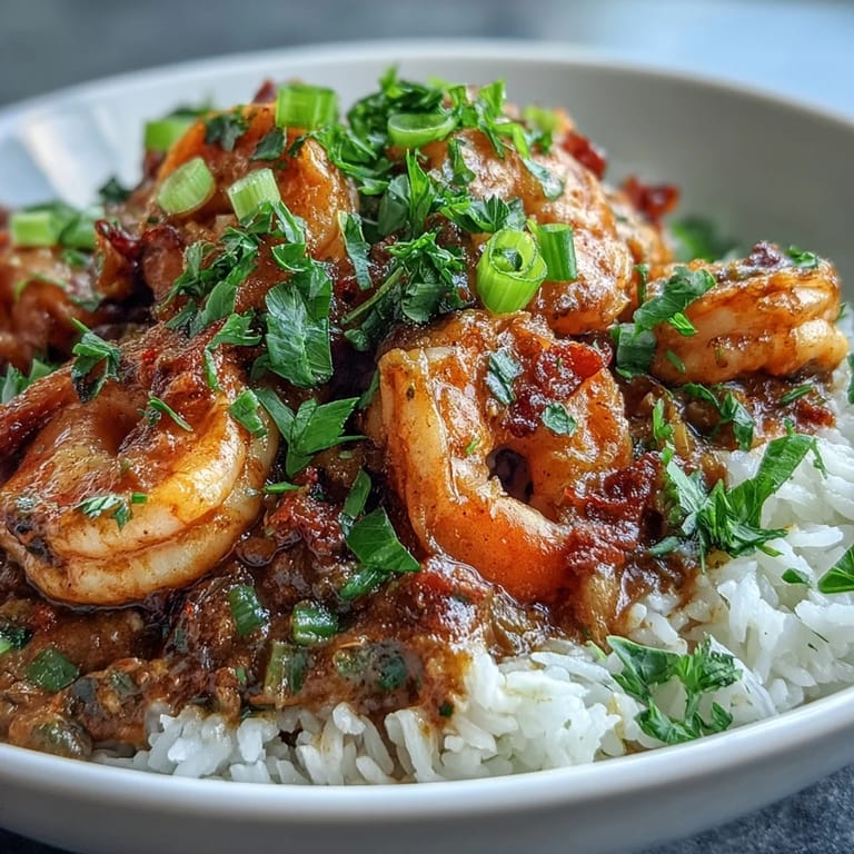 Close-up of succulent shrimp simmering in Classic New Orleans Étouffée, served with fluffy white rice on a rustic plate.
