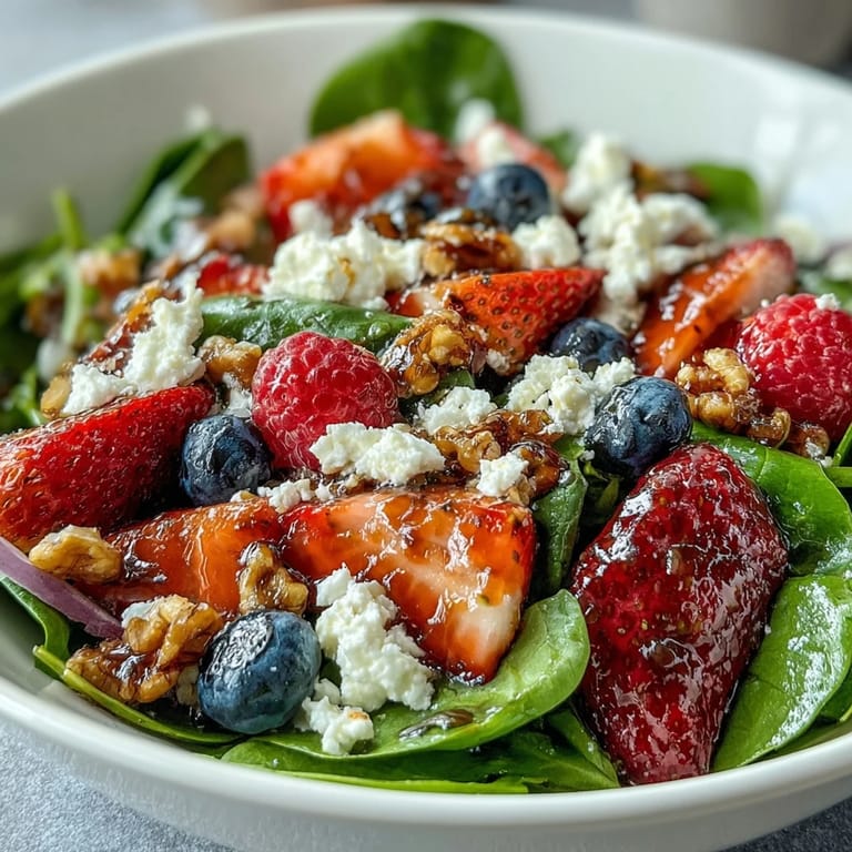 Top a bed of tender spinach with strawberries, blueberries, and crumbled goat cheese for a beautiful and delicious Spinach and Berry Salad Bowl.