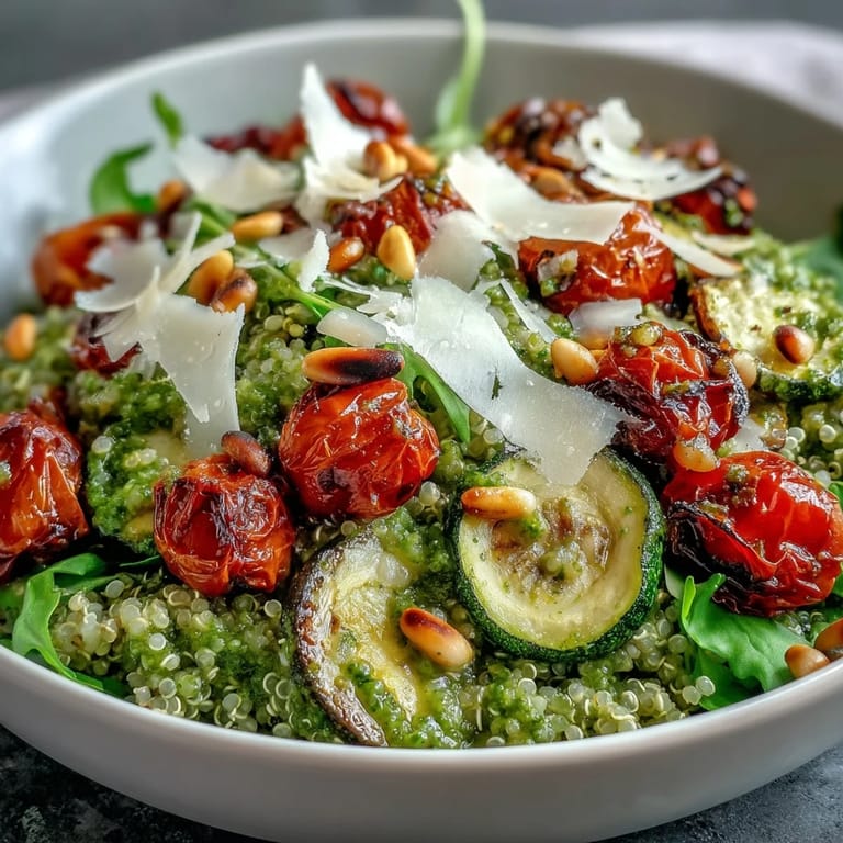 Close-up of a savory Arugula Pesto Bowl showing creamy pesto-coated quinoa, colorful peppers, and a lemony, peppery finish.
