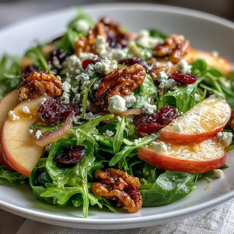 Mixed Greens and Apple Bowl with bright red apple slices and toasted walnuts tossed in a shiny cider vinaigrette dressing.