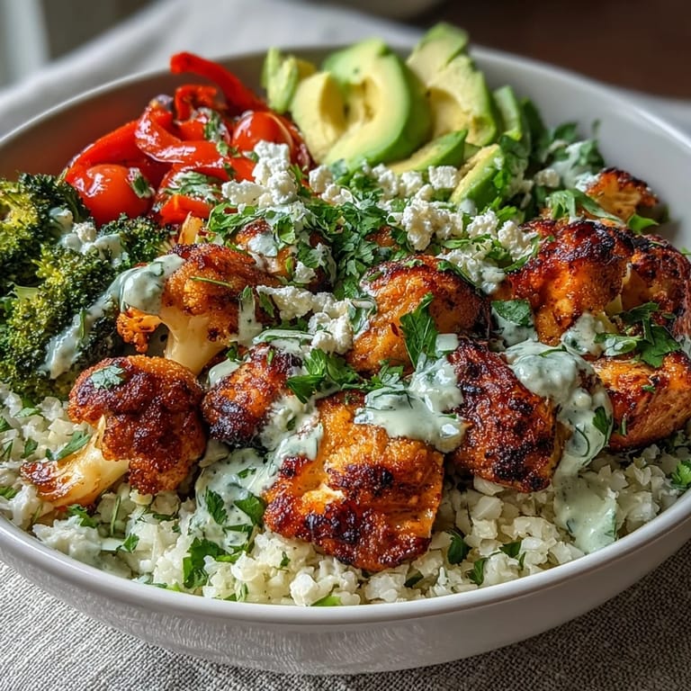 Deconstructed cauliflower rice bowl with tender chicken, diced bell peppers, and creamy avocado slices.
