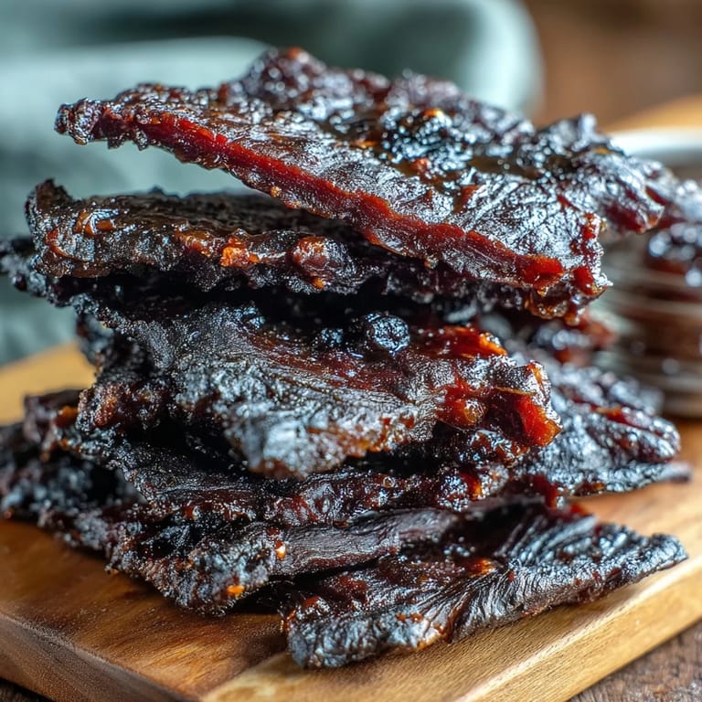 Tender beef slices marinated in tangy black currant sauce, kissed by cherry wood smoke, offer a sweet and savory snack ready to enjoy.