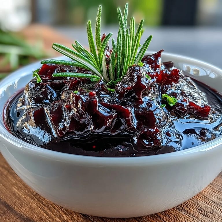 A rustic white plate features seared lamb chops generously drizzled with the glossy Black Currant and Rosemary Reduction sauce.