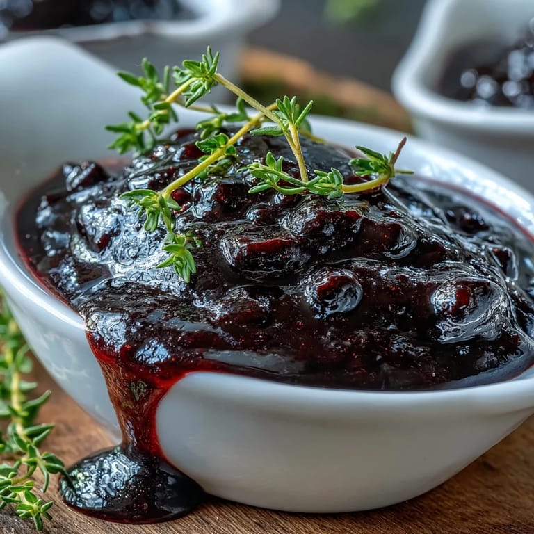 Vibrant Black Currant Reduction in a white bowl, garnished with fresh thyme, sits beside charcuterie and red wine.
