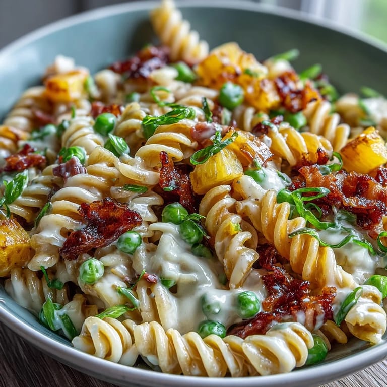 Colorful Hawaiian pasta salad with ham, pineapple, and ranch dressing, ideal for potlucks and barbecues.
