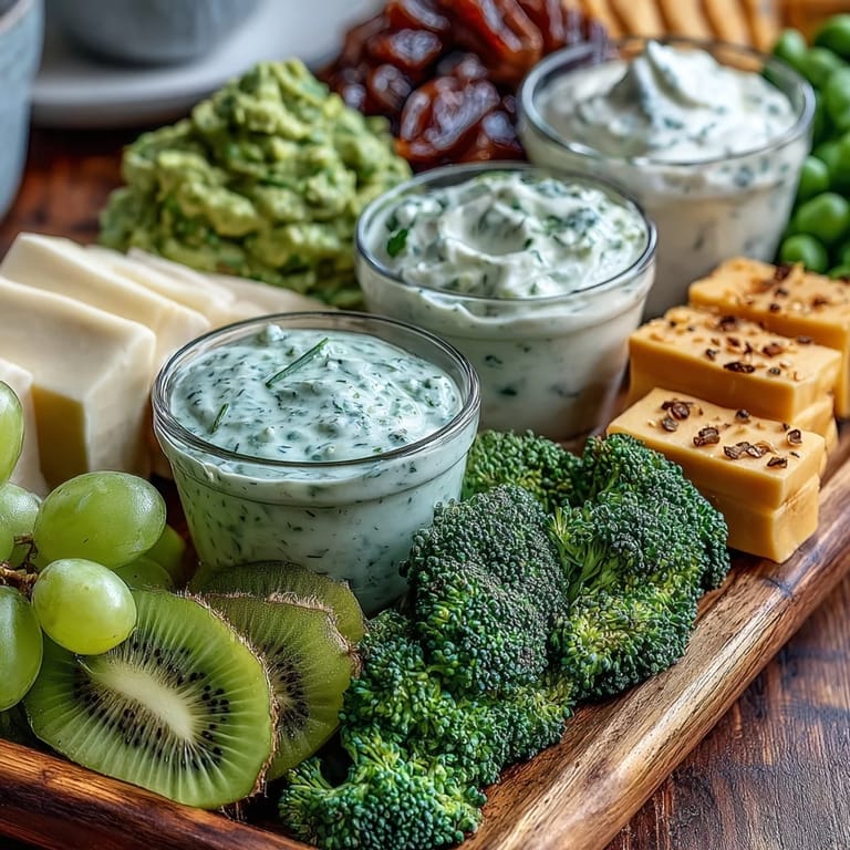 Festive green food board featuring sliced kiwis, green apples, broccoli, and cheese cubes for St. Patrick's Day gatherings.