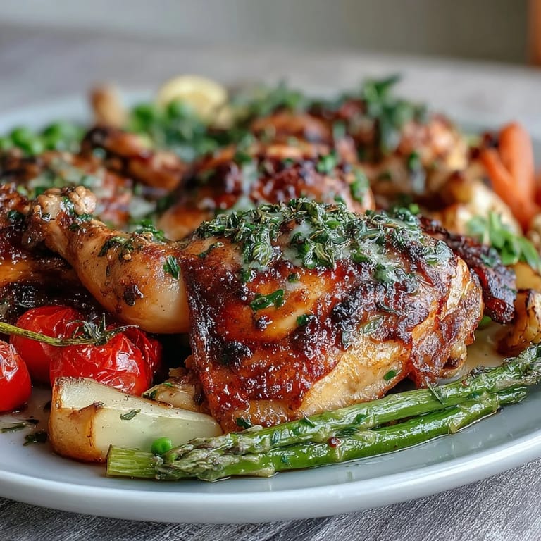 Juicy chicken breasts roasted with fresh asparagus, cherry tomatoes, and baby carrots for a wholesome spring meal.