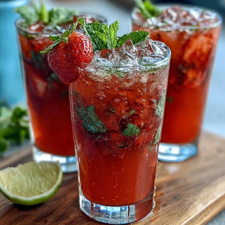 Refreshing strawberry lemon sparkling mocktail garnished with mint and lemon slices, served over ice for a cool summer treat.