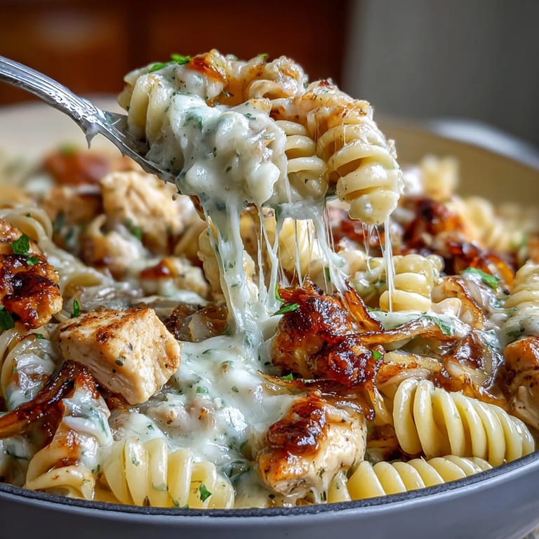 Creamy one-pot French Onion Chicken Pasta with tender chicken, sweet caramelized onions, and a golden cheese crust straight from the oven.