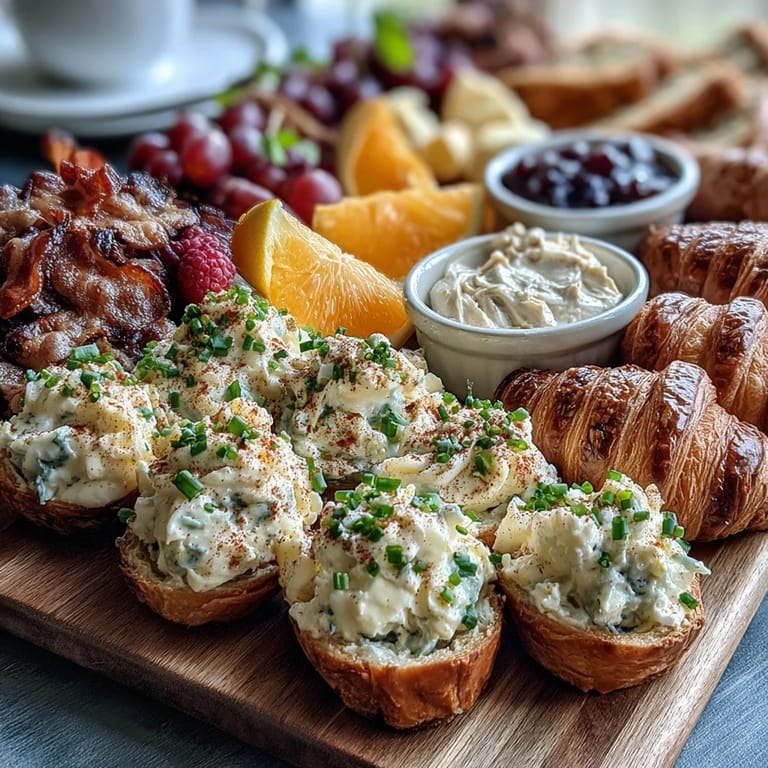 Festive Easter brunch board featuring classic deviled eggs, colorful seasonal fruit, and assorted pastries for a crowd-pleasing spread.