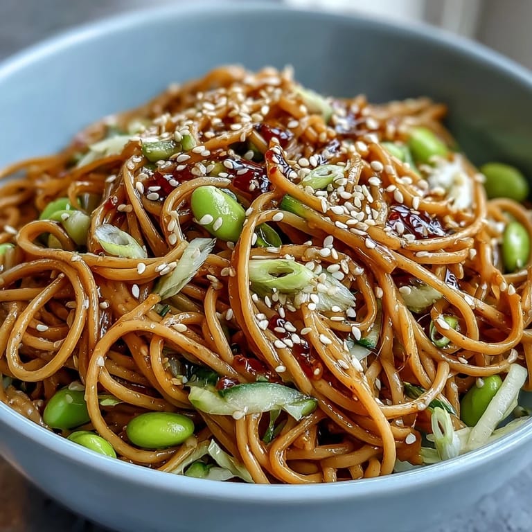 Refreshing cold sesame ginger noodle bowl topped with toasted sesame seeds and fresh cilantro for a bright, satisfying meal.