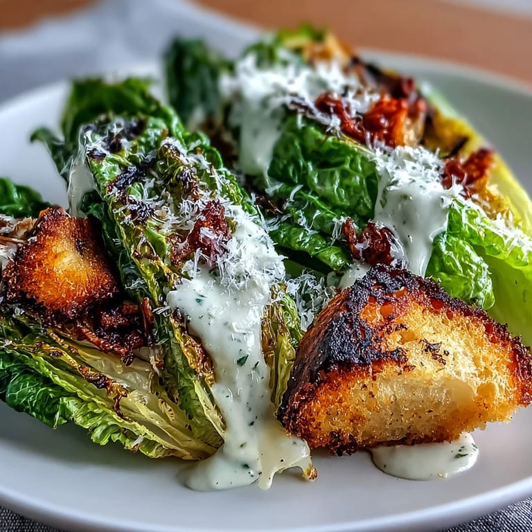 Hearty Grilled Caesar Salad featuring perfectly charred lettuce, golden croutons, and savory dressing.
