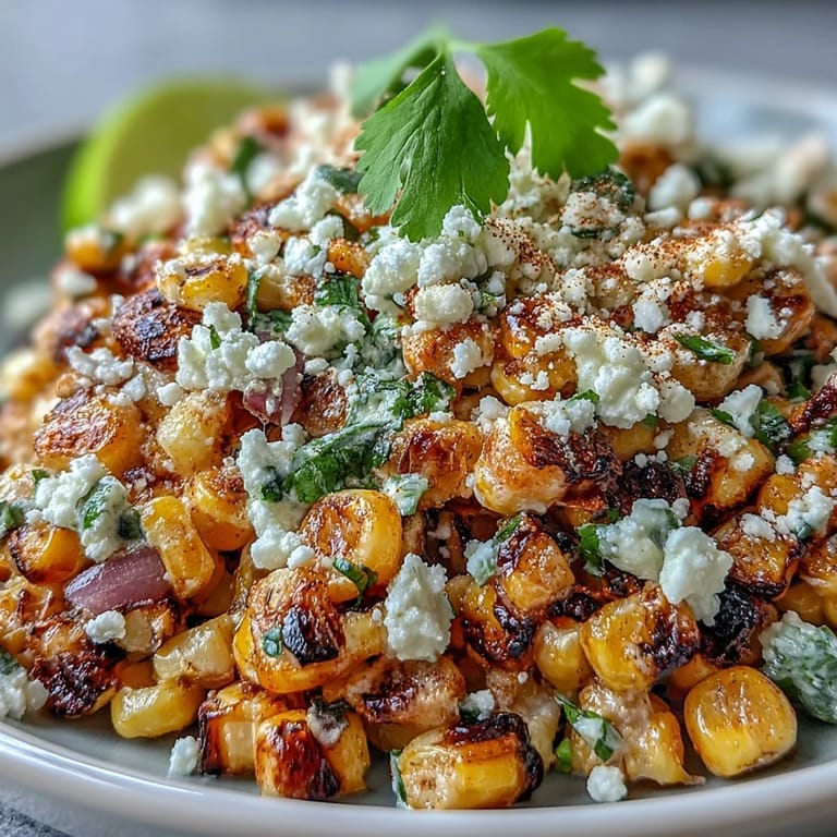 Close-up of Mexican Street Corn Salad topped with cotija and lime.