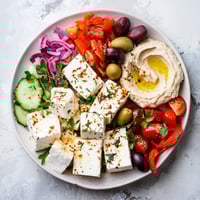 Overflowing Mediterranean Mezza Platter with hummus, feta, and fresh veggies, ready to share and enjoy.