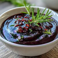 A small glass jar holds the deep purple Black Currant and Rosemary Reduction, with a spoon dipping into the thick sauce.