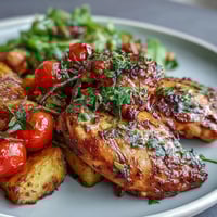 Spring Dinner Sheet Pan Chicken with Zucchini and Cherry Tomatoes, roasted to perfection with lemon-herb marinade, juicy chicken, and tender vegetables.