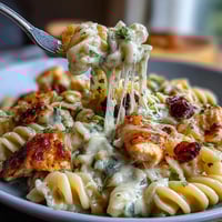One-Pot French Onion Chicken Pasta with caramelized onions and melty Gruyère cheese, served in a rustic skillet for a comforting dinner.