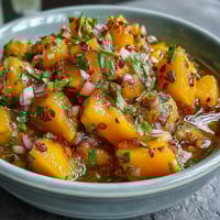 Vibrant mango habanero salsa with juicy mango, spicy habanero, and fresh cilantro in a glass bowl.